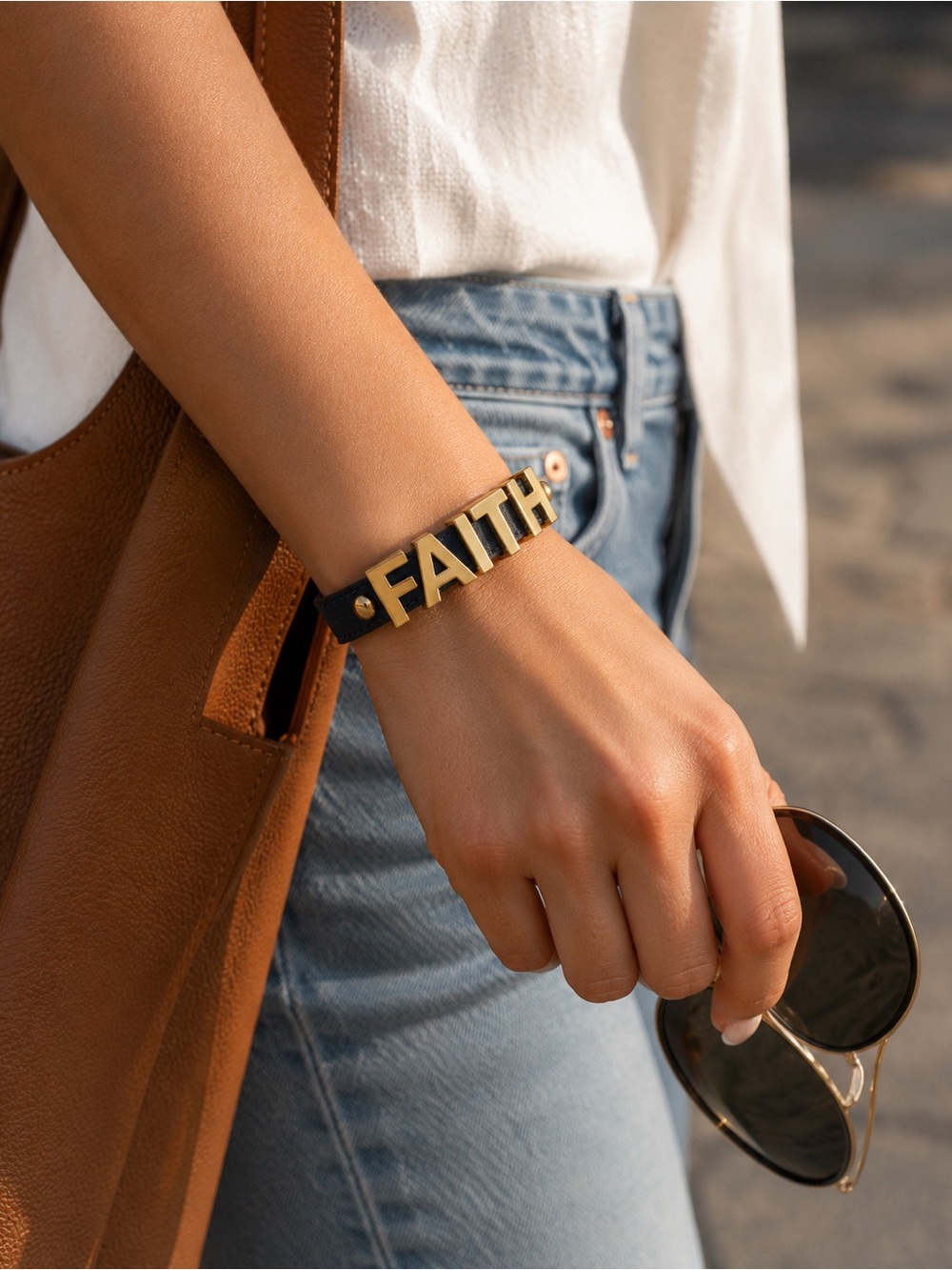BCBGeneration FAITH Bracelet Gold Letters Navy Blue Faux Leather NWT - Picture 2 of 13